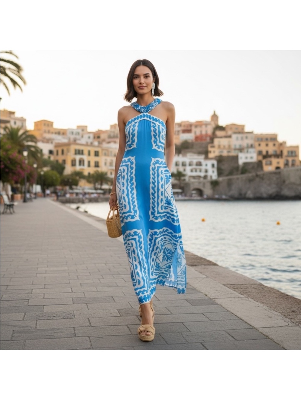 Tuckernuck Blue and White Cross-Neck Maxi Dress